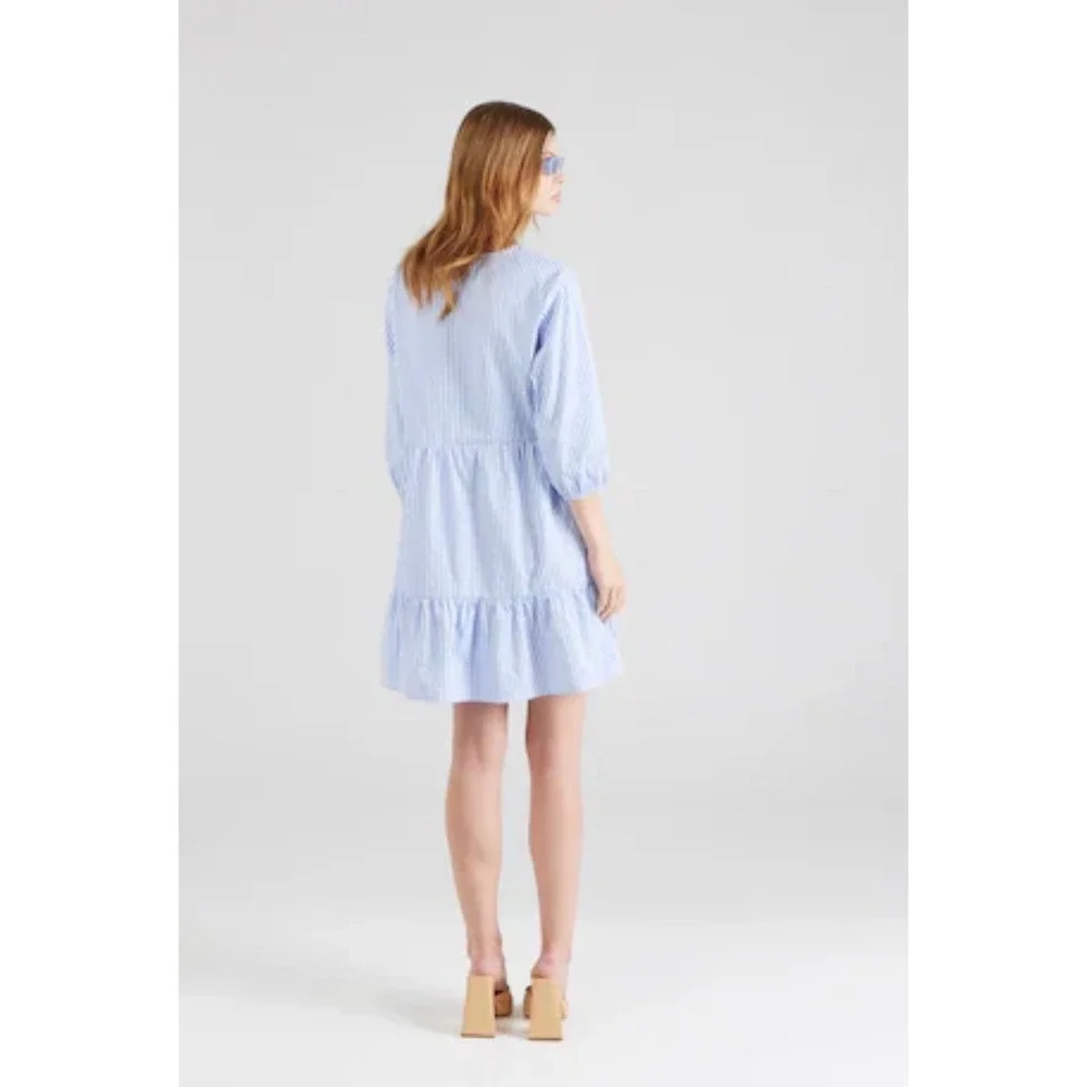 H&M Girls‎ Blue White Seersucker Striped Tiered Dress Puff Sleeve Size 14Y+ 20